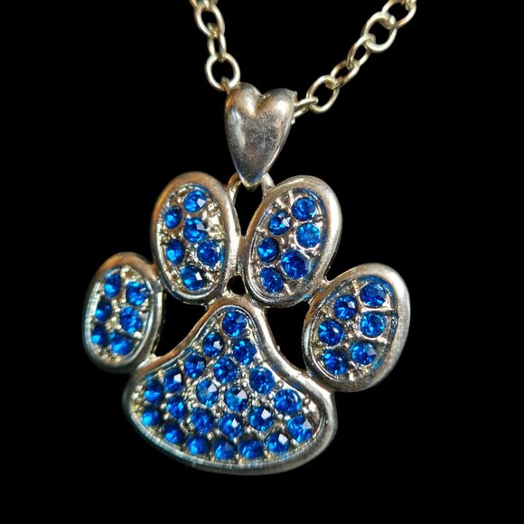 Blue Rhinestone Paw Pendant Necklace & Earrings Set Silver Tone Fashion Jewelry - Picture 2 of 6